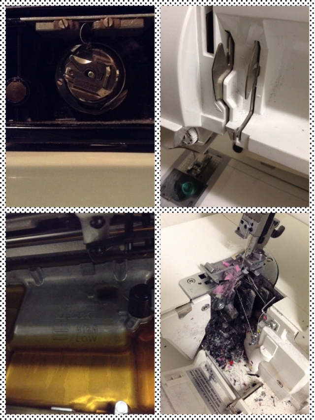 Top Left: Singer Featherweight. Top Right: Husqvarna Viking. Bottom Left: My industrial (I gotta say, I've never lifted it up and am glad to see the oil level is at least between high and low...just not sure it should be that color!). Bottom Right: Pfaff Serger - the WORST offender! 